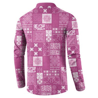 Vintage Hawaiian Quilting Patterns Button Sweatshirt Pink Style Tribal Fabric Patchwork - Polynesian Pride