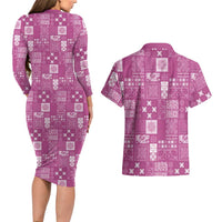 Vintage Hawaiian Quilting Patterns Couples Matching Long Sleeve Bodycon Dress and Hawaiian Shirt Pink Style Tribal Fabric Patchwork - Polynesian Pride