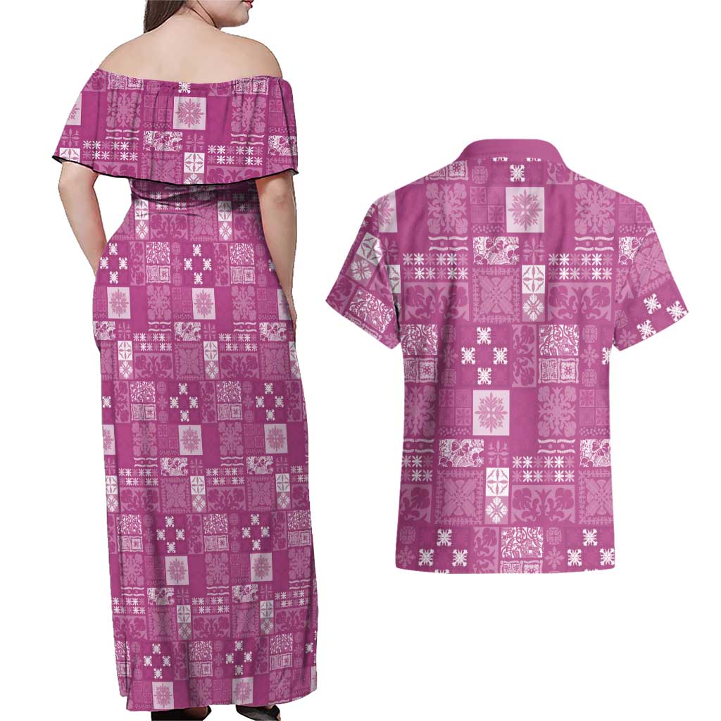 Vintage Hawaiian Quilting Patterns Couples Matching Off Shoulder Maxi Dress and Hawaiian Shirt Pink Style Tribal Fabric Patchwork - Polynesian Pride