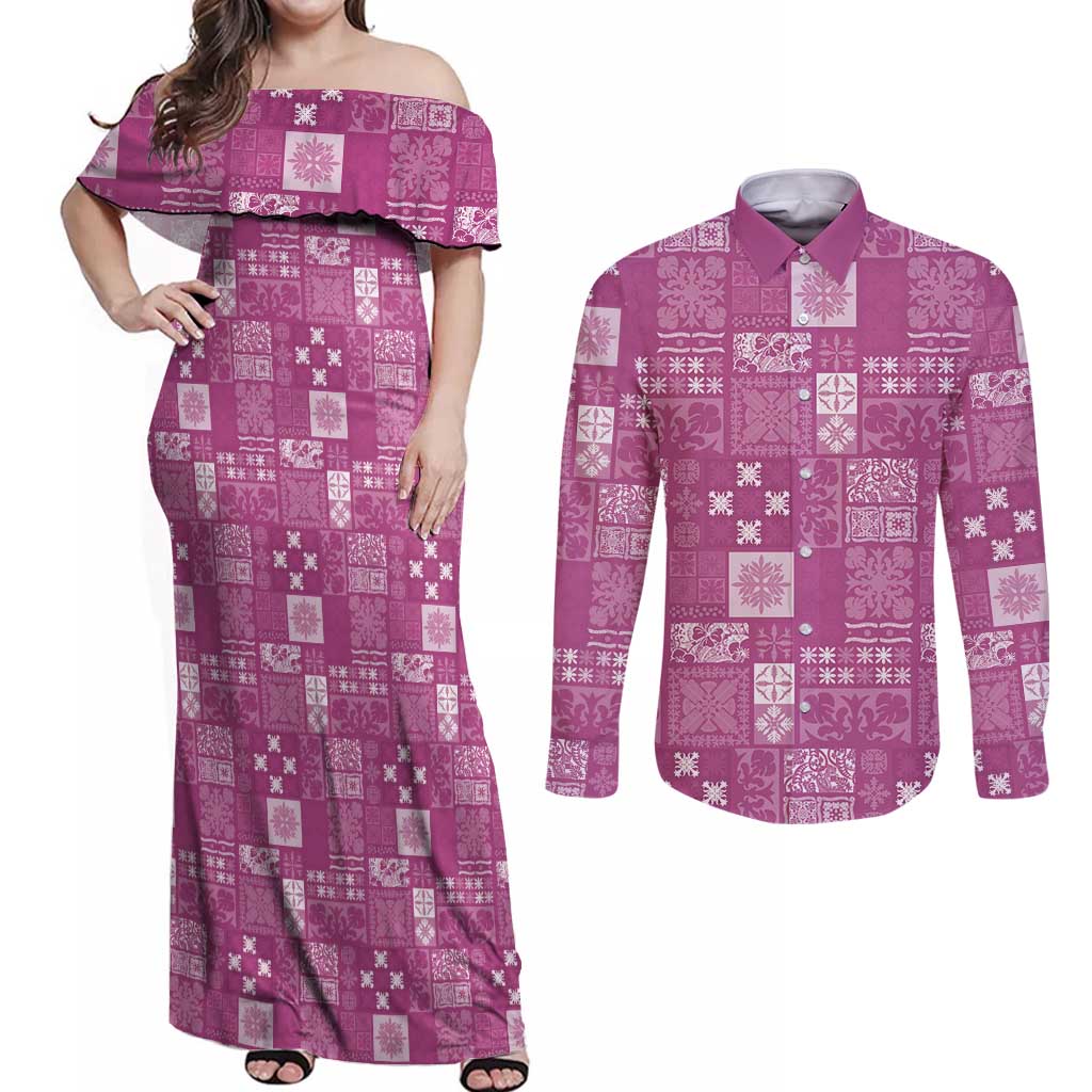 Vintage Hawaiian Quilting Patterns Couples Matching Off Shoulder Maxi Dress and Long Sleeve Button Shirt Pink Style Tribal Fabric Patchwork - Polynesian Pride