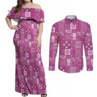 Vintage Hawaiian Quilting Patterns Couples Matching Off Shoulder Maxi Dress and Long Sleeve Button Shirt Pink Style Tribal Fabric Patchwork - Polynesian Pride