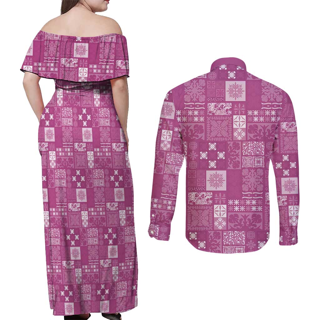Vintage Hawaiian Quilting Patterns Couples Matching Off Shoulder Maxi Dress and Long Sleeve Button Shirt Pink Style Tribal Fabric Patchwork - Polynesian Pride