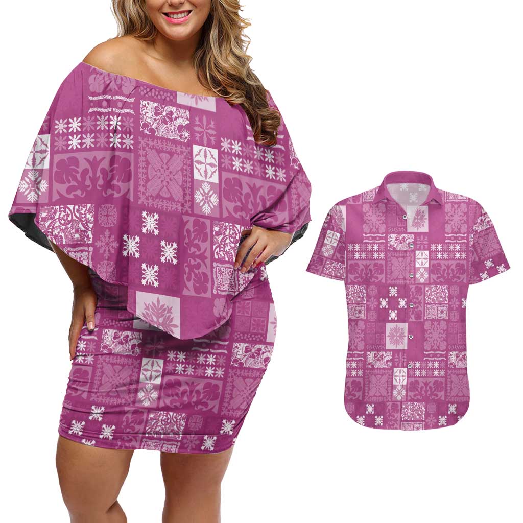 Vintage Hawaiian Quilting Patterns Couples Matching Off Shoulder Short Dress and Hawaiian Shirt Pink Style Tribal Fabric Patchwork - Polynesian Pride