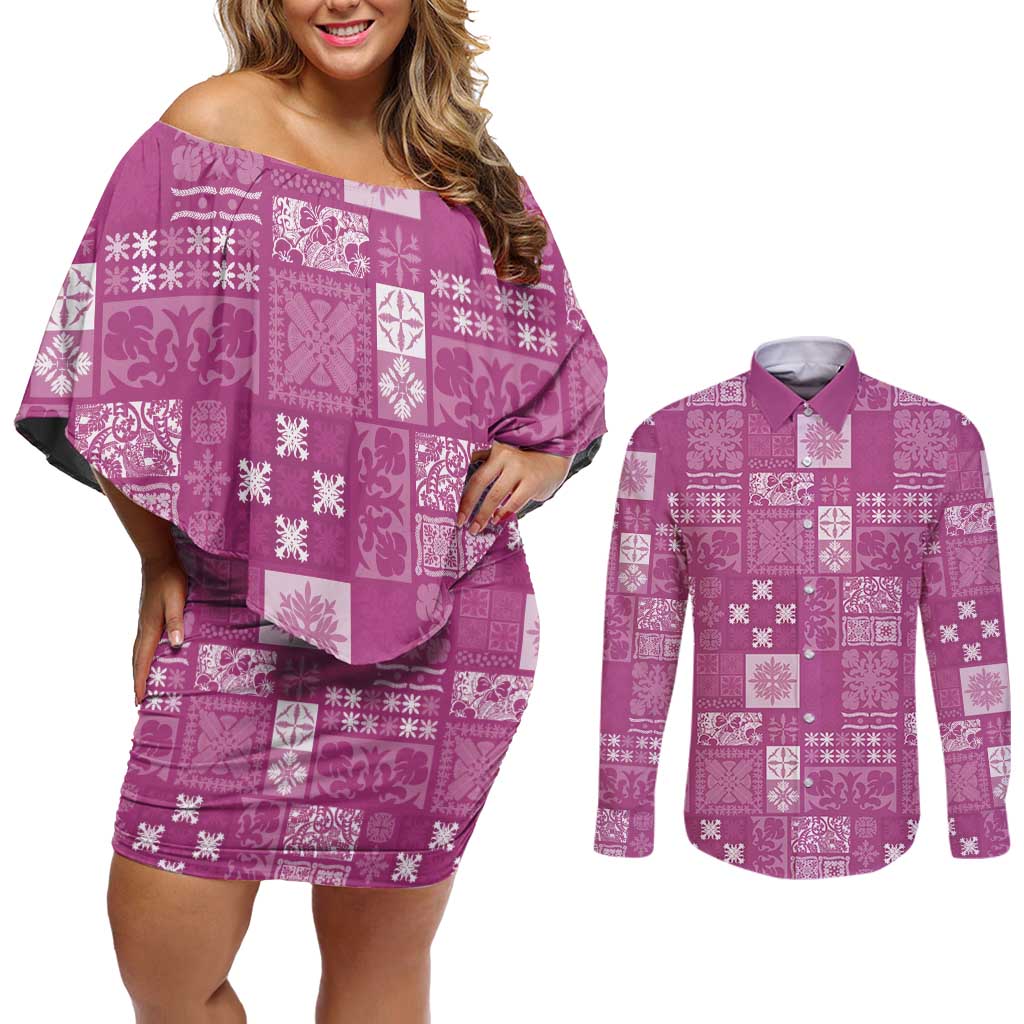 Vintage Hawaiian Quilting Patterns Couples Matching Off Shoulder Short Dress and Long Sleeve Button Shirt Pink Style Tribal Fabric Patchwork - Polynesian Pride