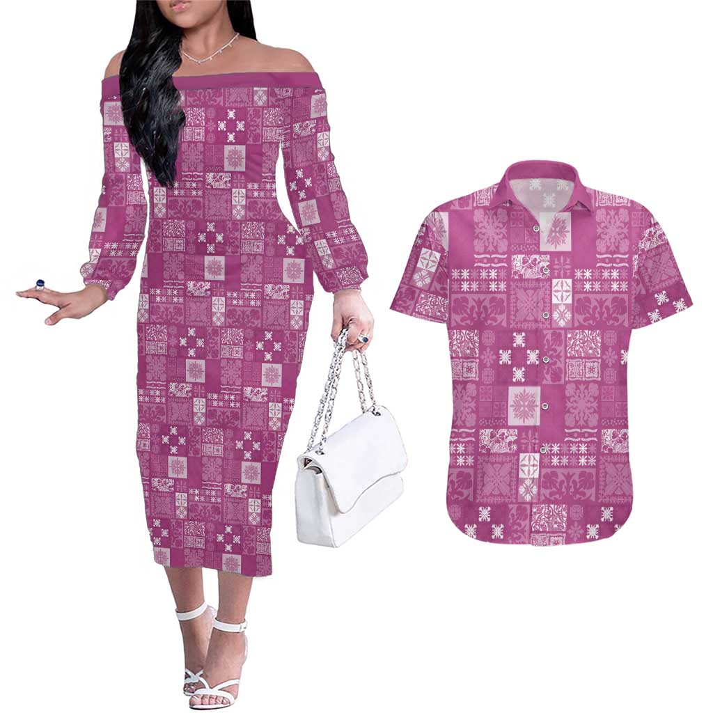 Vintage Hawaiian Quilting Patterns Couples Matching Off The Shoulder Long Sleeve Dress and Hawaiian Shirt Pink Style Tribal Fabric Patchwork - Polynesian Pride