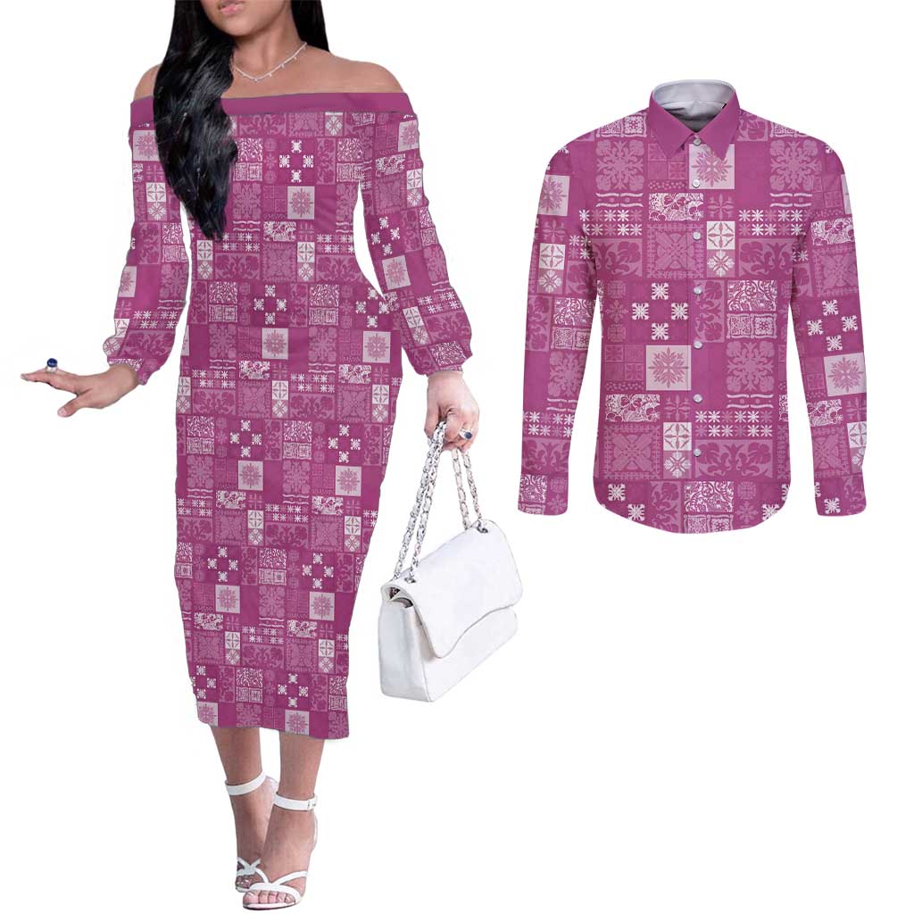 Vintage Hawaiian Quilting Patterns Couples Matching Off The Shoulder Long Sleeve Dress and Long Sleeve Button Shirt Pink Style Tribal Fabric Patchwork - Polynesian Pride