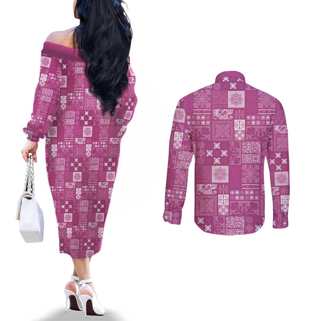 Vintage Hawaiian Quilting Patterns Couples Matching Off The Shoulder Long Sleeve Dress and Long Sleeve Button Shirt Pink Style Tribal Fabric Patchwork - Polynesian Pride