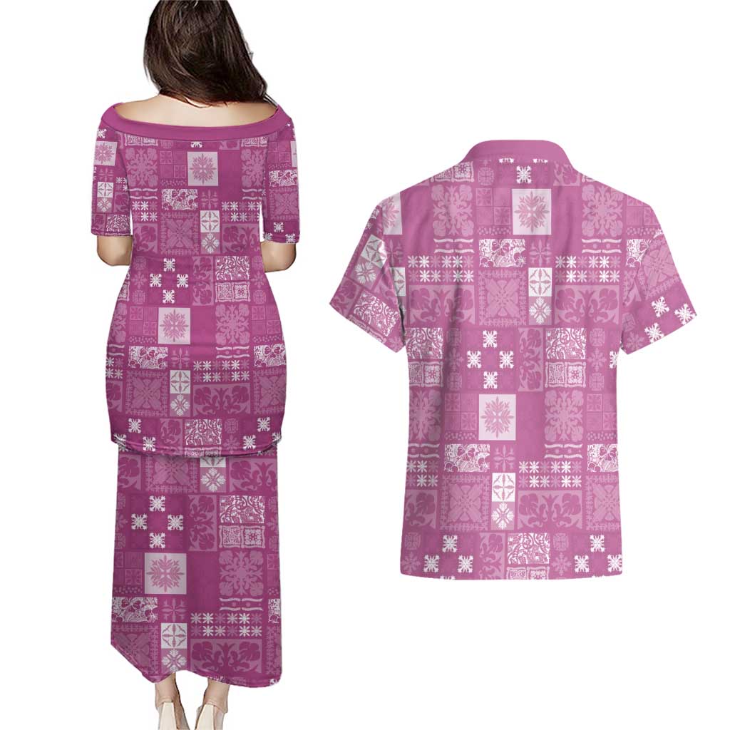 Vintage Hawaiian Quilting Patterns Couples Matching Puletasi and Hawaiian Shirt Pink Style Tribal Fabric Patchwork - Polynesian Pride