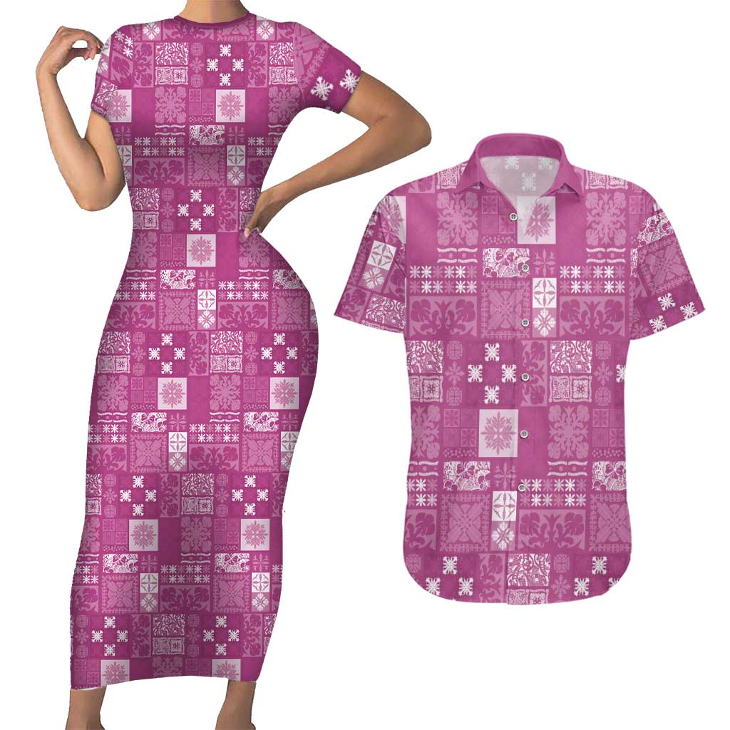 Vintage Hawaiian Quilting Patterns Couples Matching Short Sleeve Bodycon Dress and Hawaiian Shirt Pink Style Tribal Fabric Patchwork - Polynesian Pride