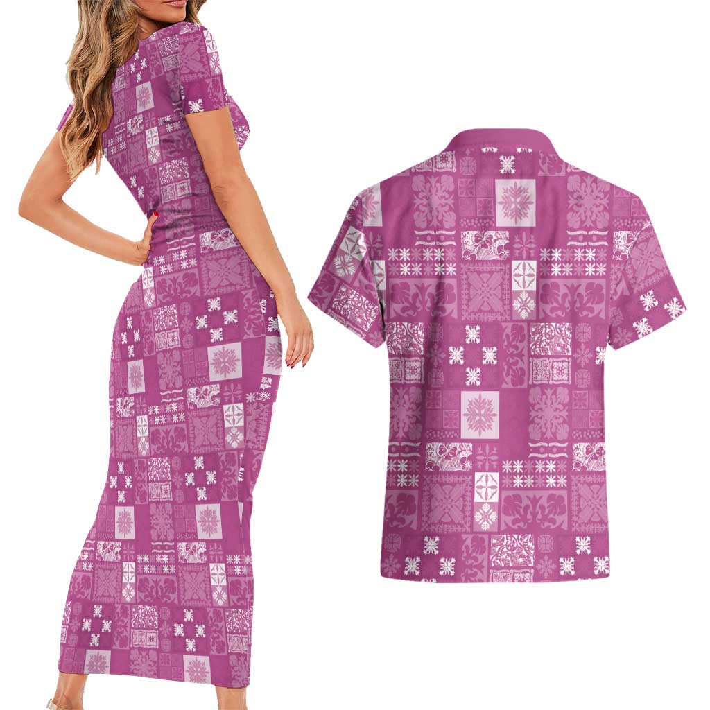 Vintage Hawaiian Quilting Patterns Couples Matching Short Sleeve Bodycon Dress and Hawaiian Shirt Pink Style Tribal Fabric Patchwork - Polynesian Pride