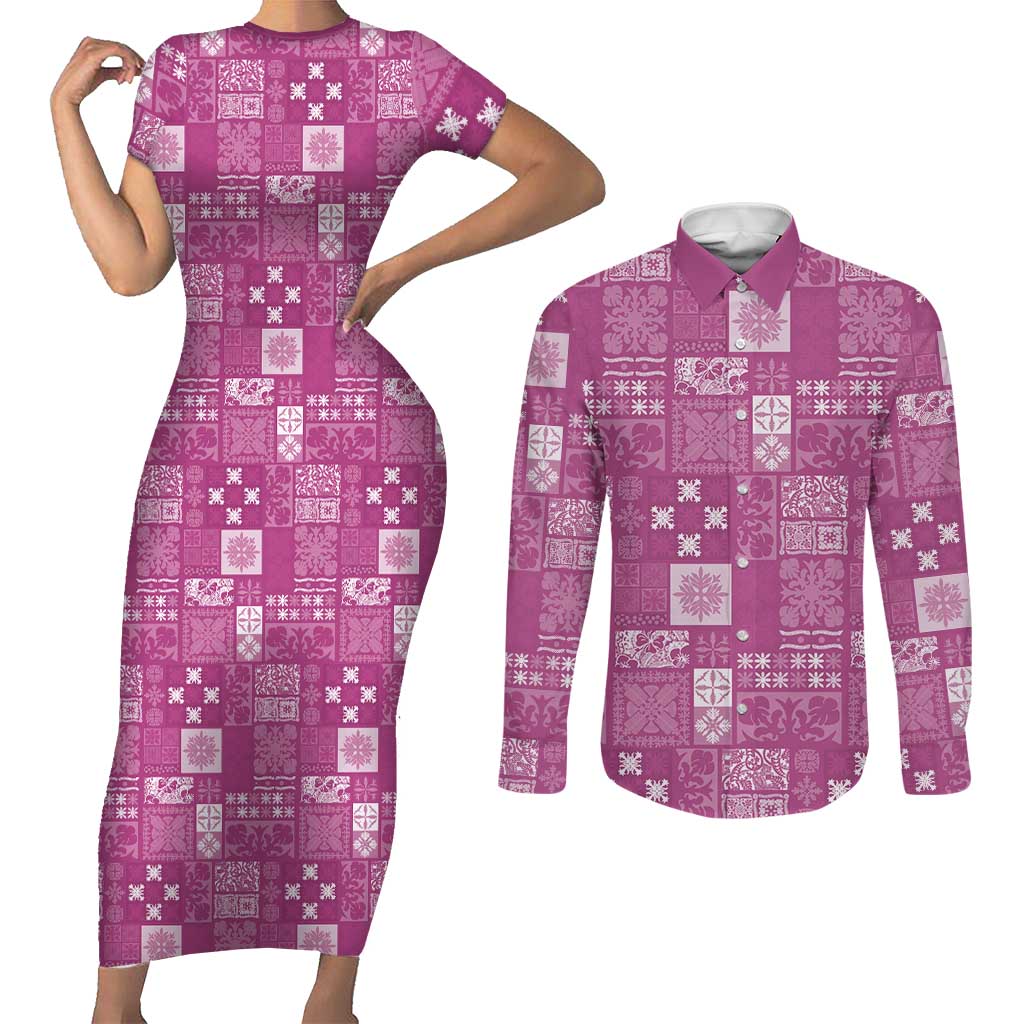 Vintage Hawaiian Quilting Patterns Couples Matching Short Sleeve Bodycon Dress and Long Sleeve Button Shirt Pink Style Tribal Fabric Patchwork LT9 Pink - Polynesian Pride