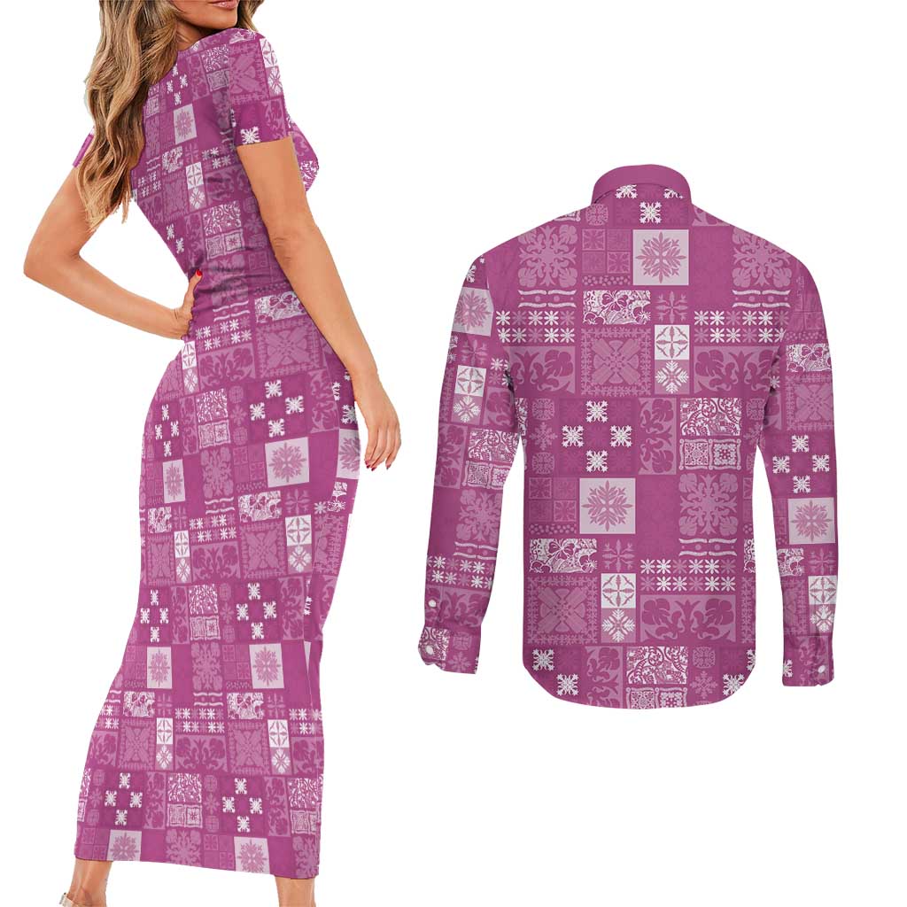 Vintage Hawaiian Quilting Patterns Couples Matching Short Sleeve Bodycon Dress and Long Sleeve Button Shirt Pink Style Tribal Fabric Patchwork LT9 - Polynesian Pride