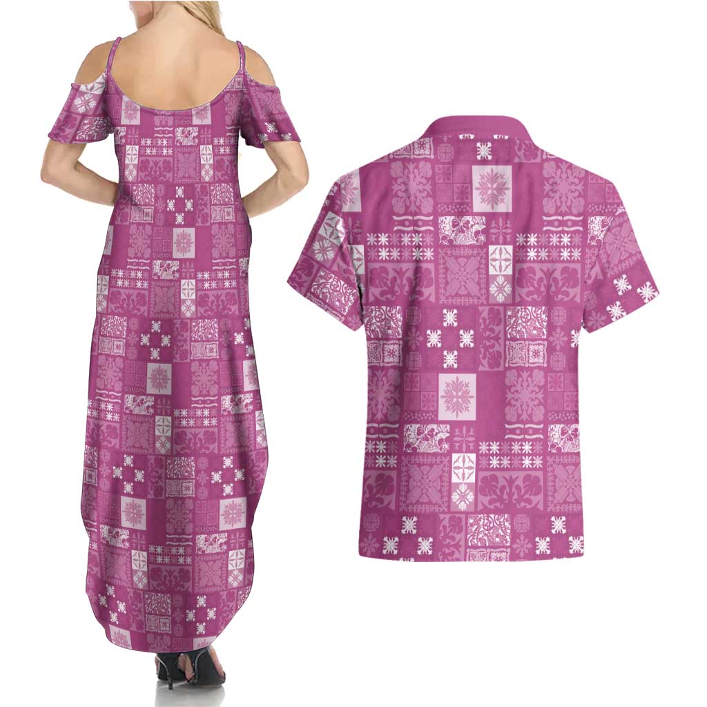 Vintage Hawaiian Quilting Patterns Couples Matching Summer Maxi Dress and Hawaiian Shirt Pink Style Tribal Fabric Patchwork - Polynesian Pride