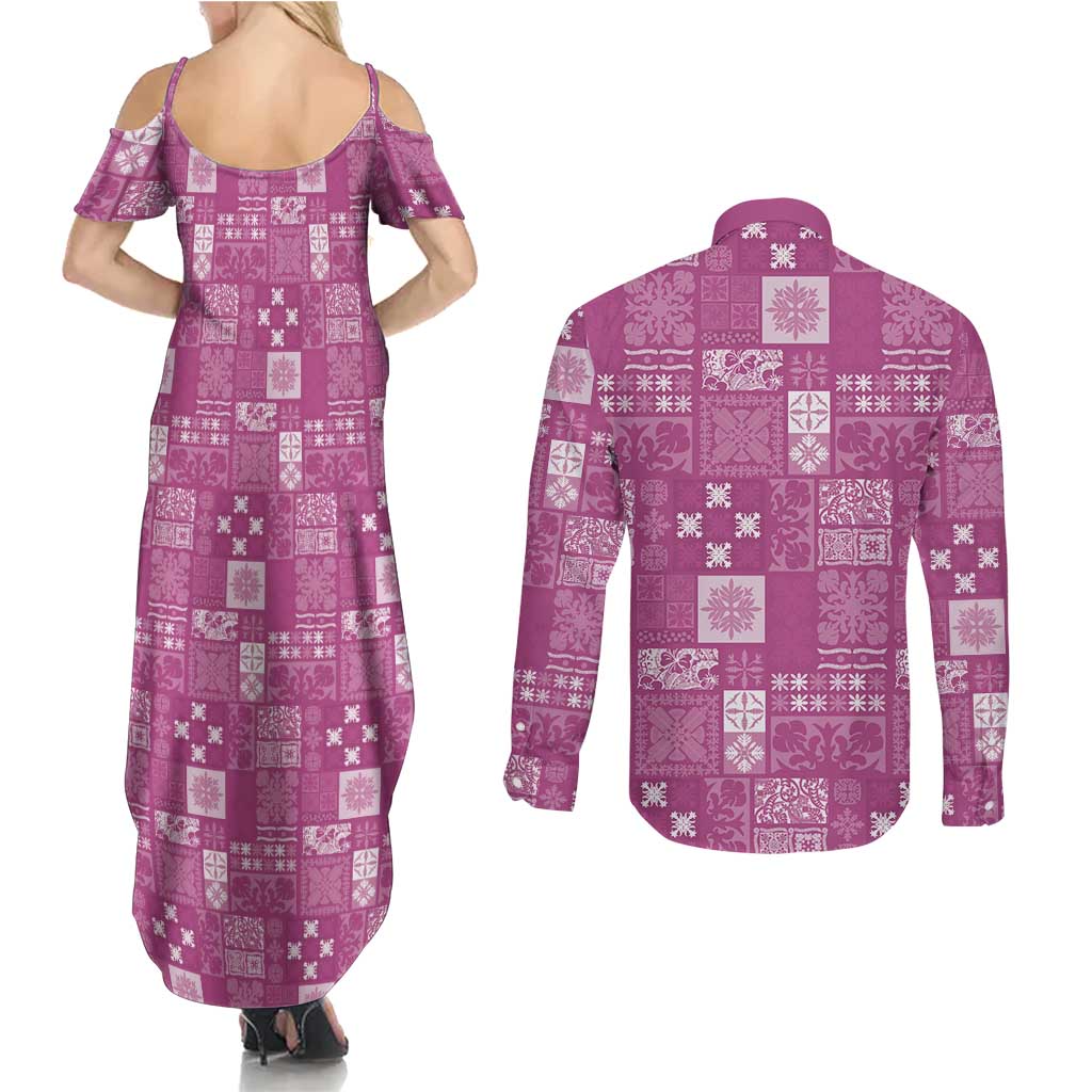 Vintage Hawaiian Quilting Patterns Couples Matching Summer Maxi Dress and Long Sleeve Button Shirt Pink Style Tribal Fabric Patchwork - Polynesian Pride