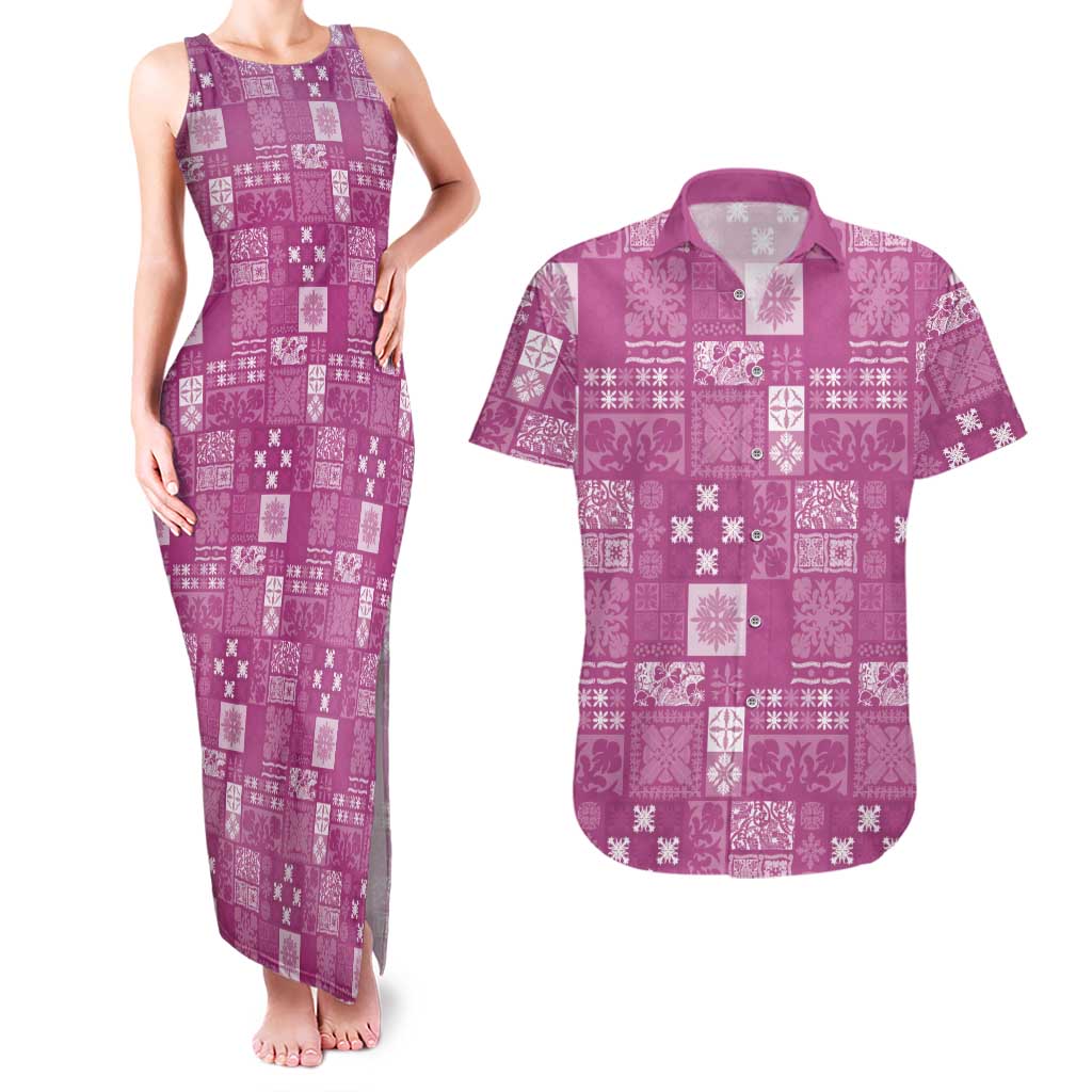 Vintage Hawaiian Quilting Patterns Couples Matching Tank Maxi Dress and Hawaiian Shirt Pink Style Tribal Fabric Patchwork - Polynesian Pride
