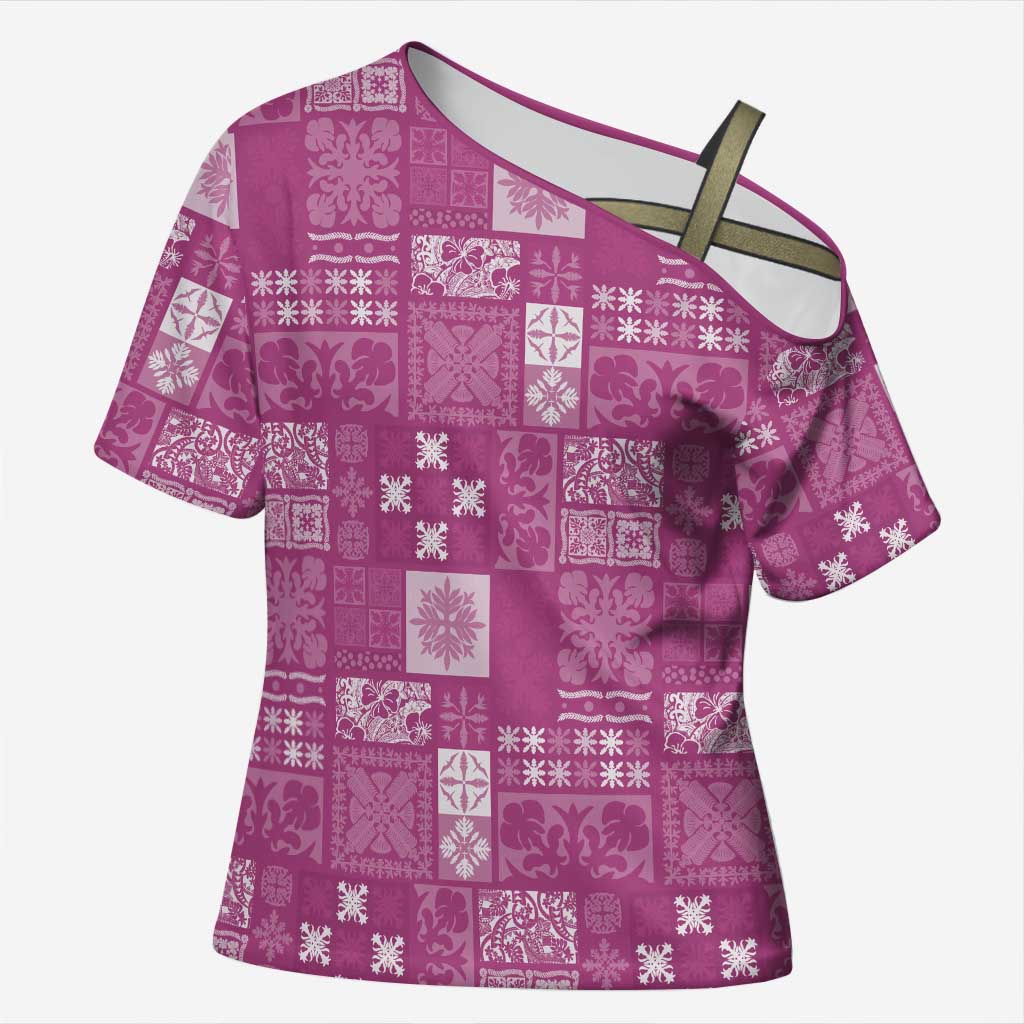 Vintage Hawaiian Quilting Patterns Cross Shoulder Shirt Pink Style Tribal Fabric Patchwork - Polynesian Pride