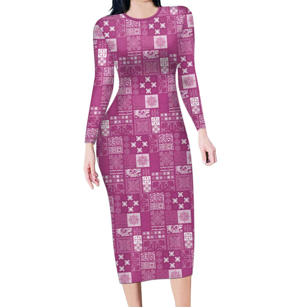 Vintage Hawaiian Quilting Patterns Family Matching Long Sleeve Bodycon Dress and Hawaiian Shirt Pink Style Tribal Fabric Patchwork - Polynesian Pride