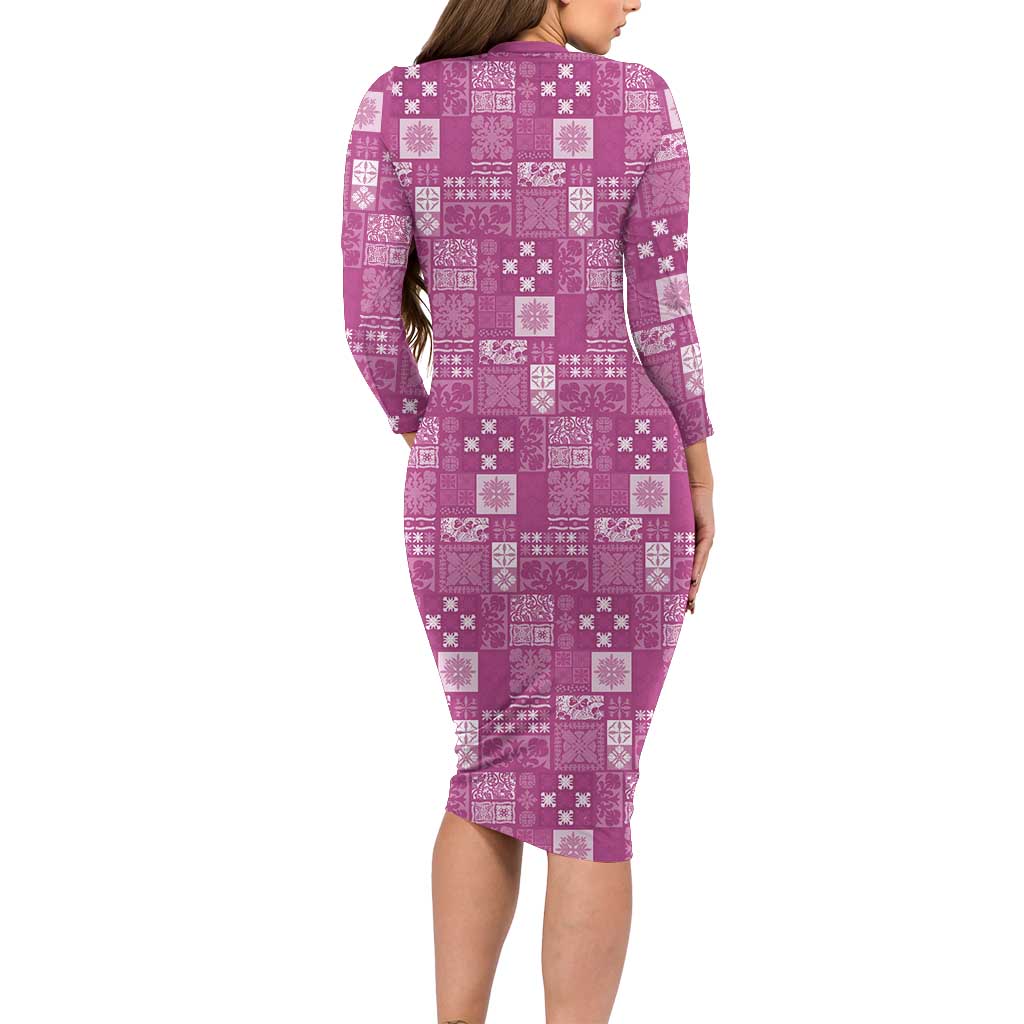 Vintage Hawaiian Quilting Patterns Family Matching Long Sleeve Bodycon Dress and Hawaiian Shirt Pink Style Tribal Fabric Patchwork - Polynesian Pride