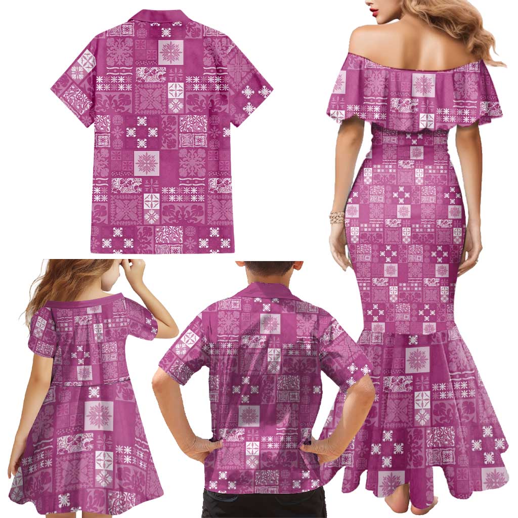 Vintage Hawaiian Quilting Patterns Family Matching Mermaid Dress and Hawaiian Shirt Pink Style Tribal Fabric Patchwork - Polynesian Pride