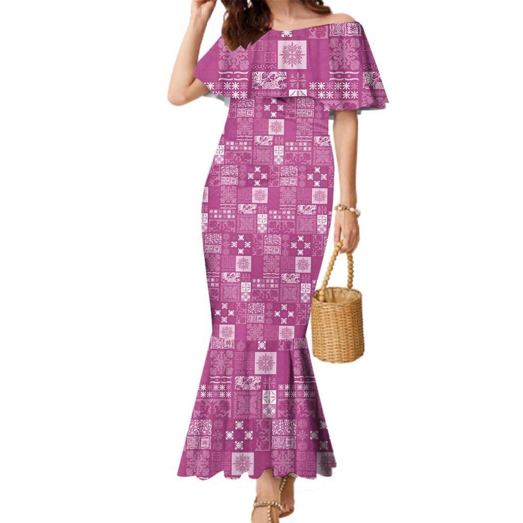 Vintage Hawaiian Quilting Patterns Family Matching Mermaid Dress and Hawaiian Shirt Pink Style Tribal Fabric Patchwork - Polynesian Pride