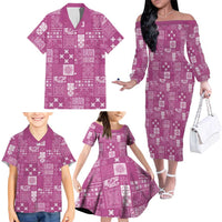 Vintage Hawaiian Quilting Patterns Family Matching Off The Shoulder Long Sleeve Dress and Hawaiian Shirt Pink Style Tribal Fabric Patchwork LT9 - Polynesian Pride