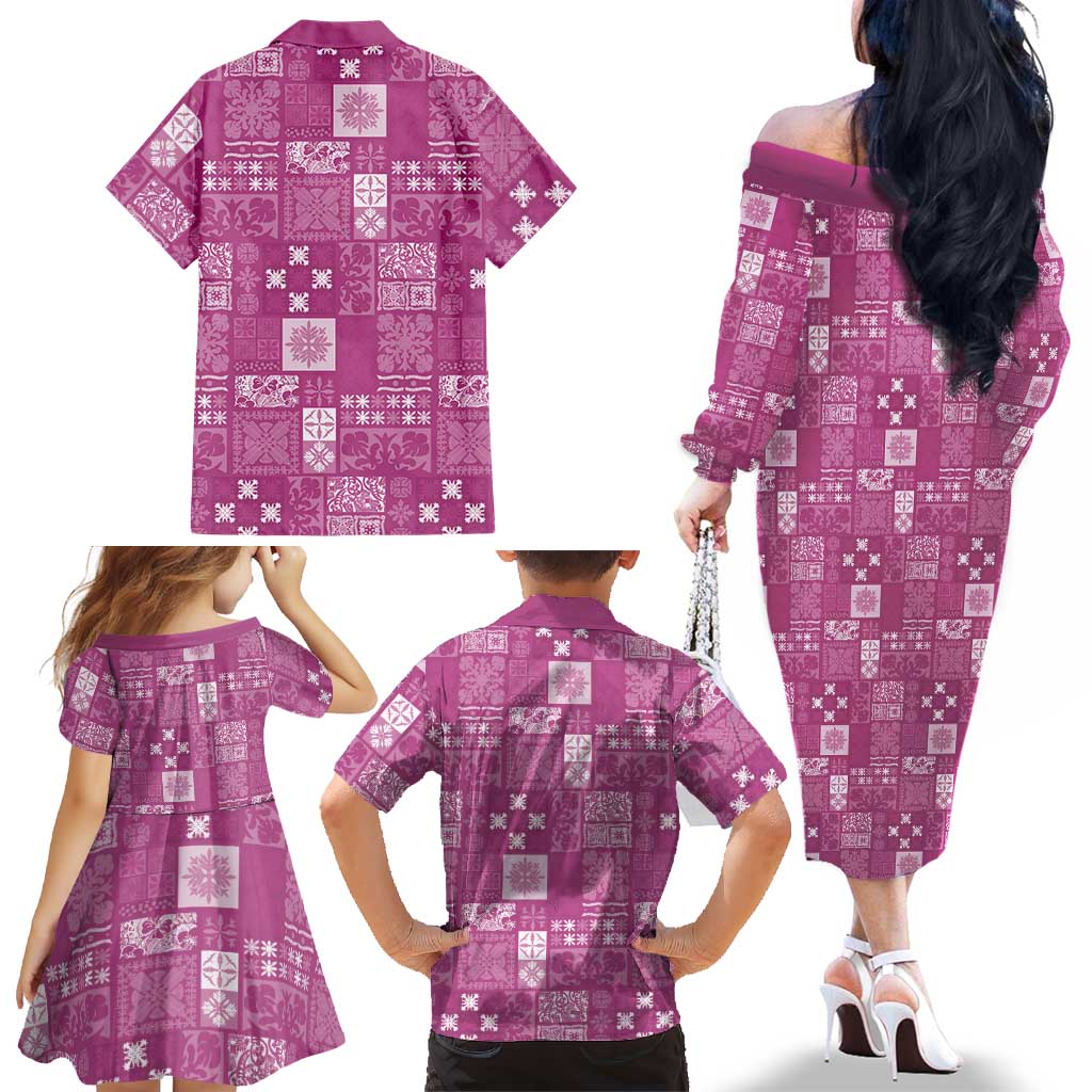Vintage Hawaiian Quilting Patterns Family Matching Off The Shoulder Long Sleeve Dress and Hawaiian Shirt Pink Style Tribal Fabric Patchwork LT9 - Polynesian Pride