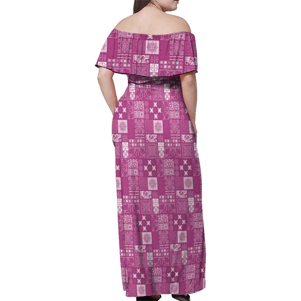 Vintage Hawaiian Quilting Patterns Family Matching Off Shoulder Maxi Dress and Hawaiian Shirt Pink Style Tribal Fabric Patchwork - Polynesian Pride