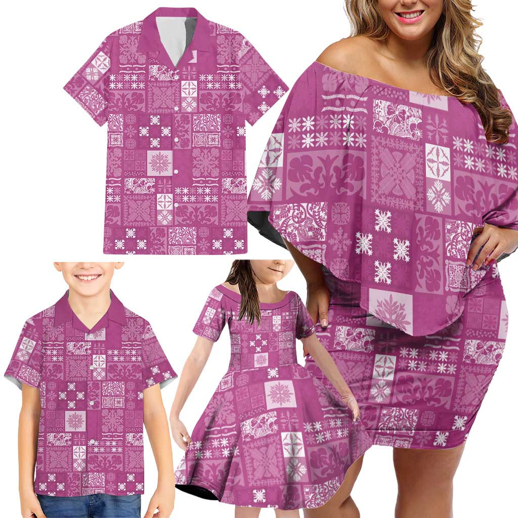 Vintage Hawaiian Quilting Patterns Family Matching Off Shoulder Short Dress and Hawaiian Shirt Pink Style Tribal Fabric Patchwork - Polynesian Pride