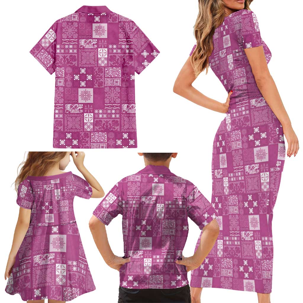 Vintage Hawaiian Quilting Patterns Family Matching Short Sleeve Bodycon Dress and Hawaiian Shirt Pink Style Tribal Fabric Patchwork - Polynesian Pride