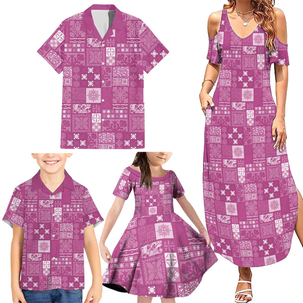 Vintage Hawaiian Quilting Patterns Family Matching Summer Maxi Dress and Hawaiian Shirt Pink Style Tribal Fabric Patchwork - Polynesian Pride