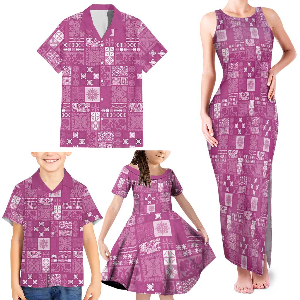 Vintage Hawaiian Quilting Patterns Family Matching Tank Maxi Dress and Hawaiian Shirt Pink Style Tribal Fabric Patchwork - Polynesian Pride