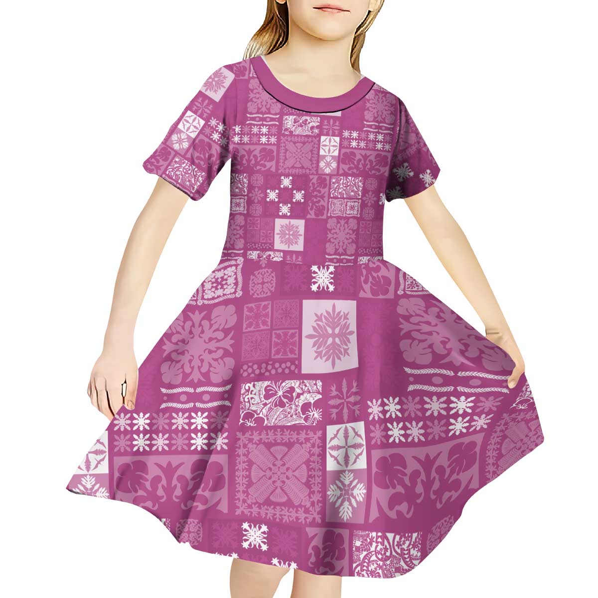 Vintage Hawaiian Quilting Patterns Kid Short Sleeve Dress Pink Style Tribal Fabric Patchwork - Polynesian Pride