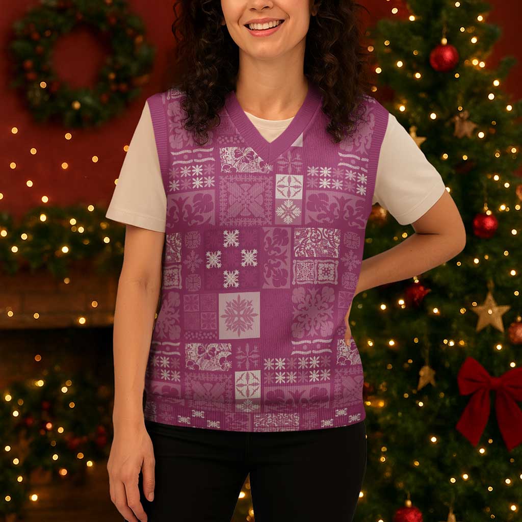 Vintage Hawaiian Quilting Patterns Christmas Knitted V-Neck Vest Pink Style Tribal Fabric Patchwork - Polynesian Pride