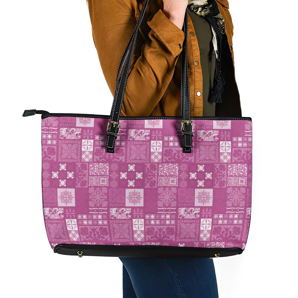 Vintage Hawaiian Quilting Patterns Leather Tote Bag Pink Style Tribal Fabric Patchwork - Polynesian Pride
