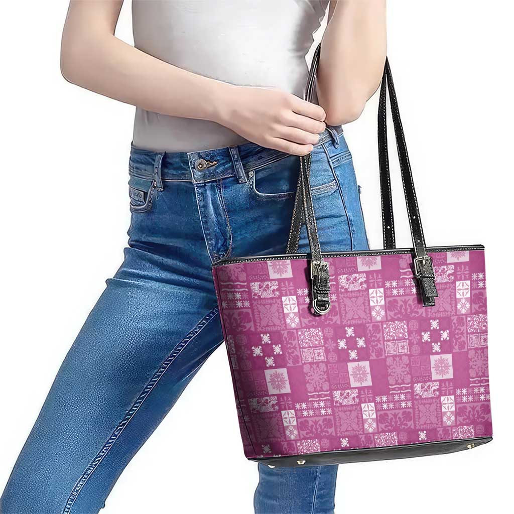 Vintage Hawaiian Quilting Patterns Leather Tote Bag Pink Style Tribal Fabric Patchwork - Polynesian Pride