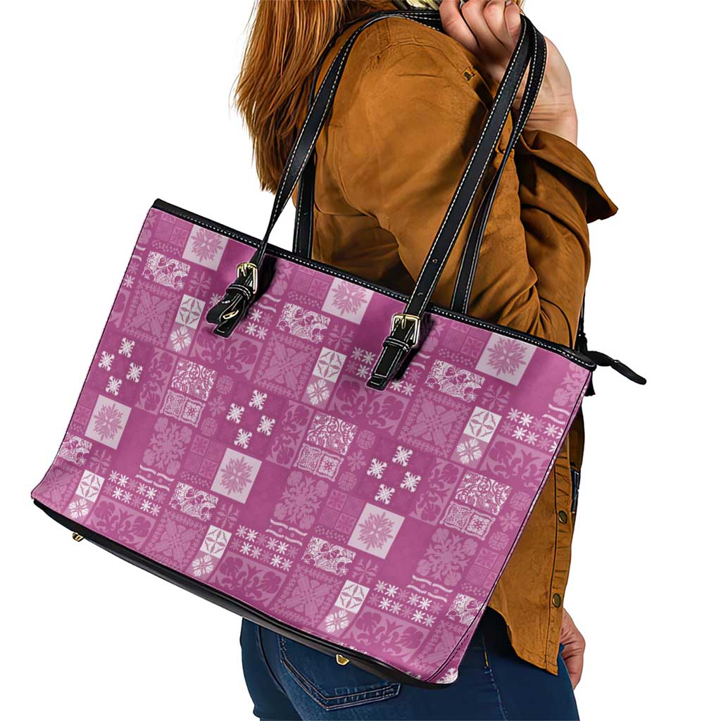 Vintage Hawaiian Quilting Patterns Leather Tote Bag Pink Style Tribal Fabric Patchwork - Polynesian Pride