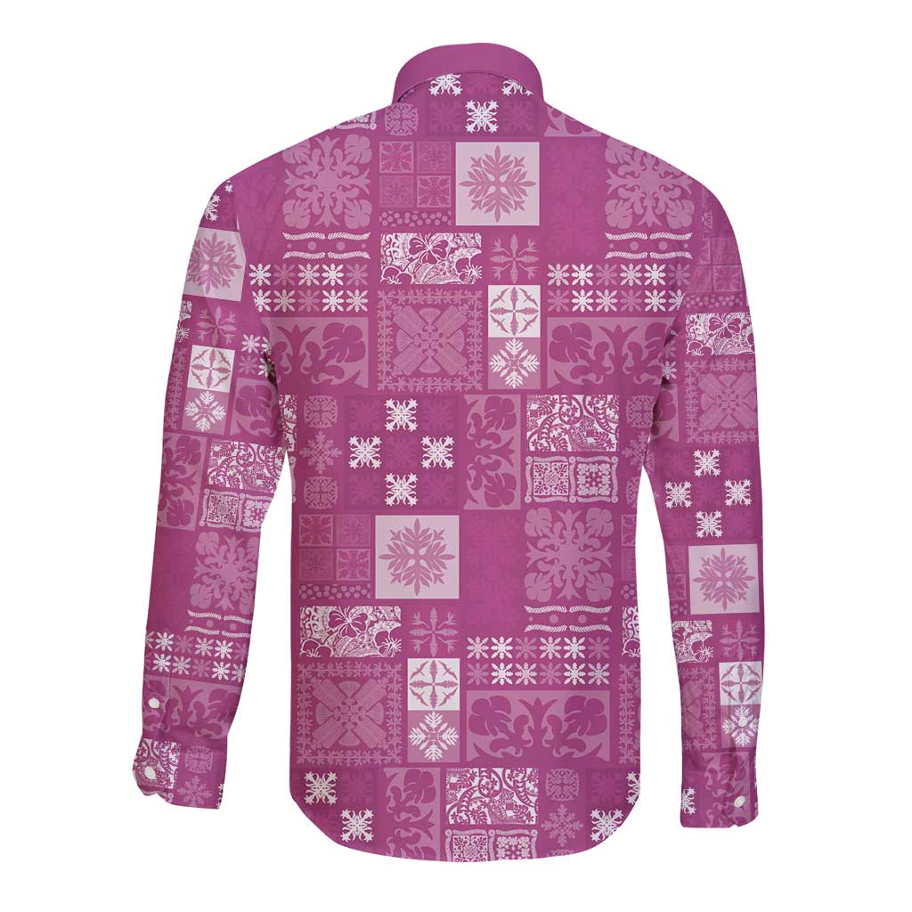 Vintage Hawaiian Quilting Patterns Long Sleeve Button Shirt Pink Style Tribal Fabric Patchwork - Polynesian Pride