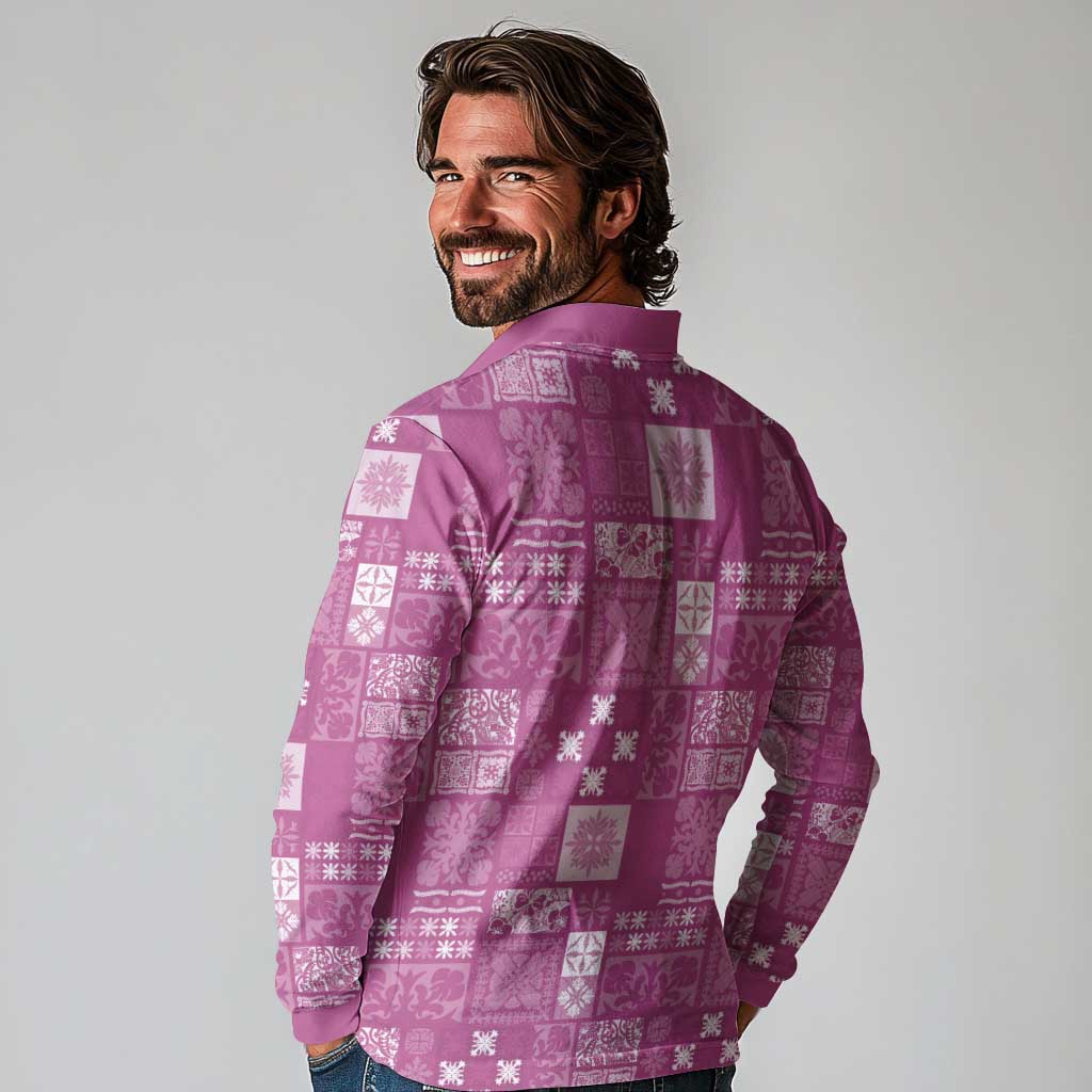 Vintage Hawaiian Quilting Patterns Long Sleeve Polo Shirt Pink Style Tribal Fabric Patchwork - Polynesian Pride