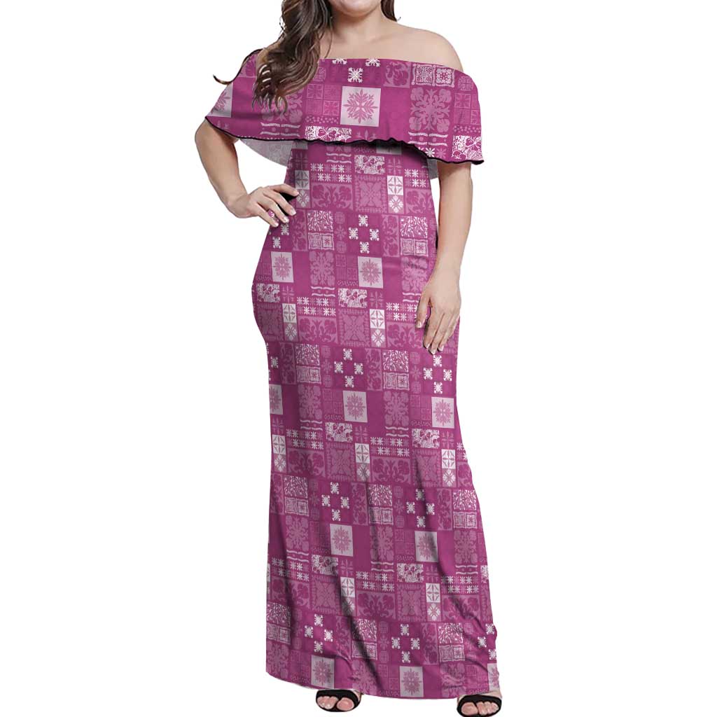 Vintage Hawaiian Quilting Patterns Off Shoulder Maxi Dress Pink Style Tribal Fabric Patchwork - Polynesian Pride