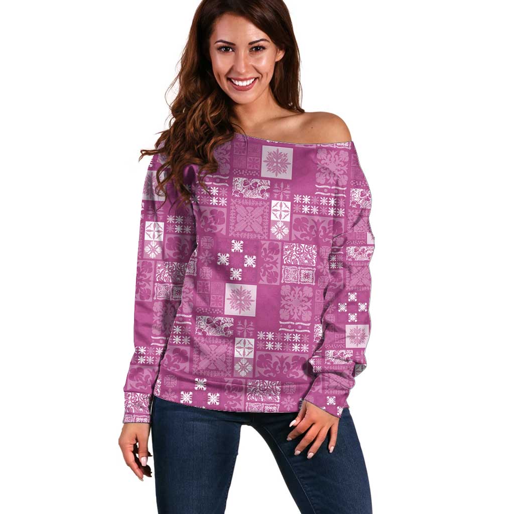 Vintage Hawaiian Quilting Patterns Off Shoulder Sweater Pink Style Tribal Fabric Patchwork - Polynesian Pride