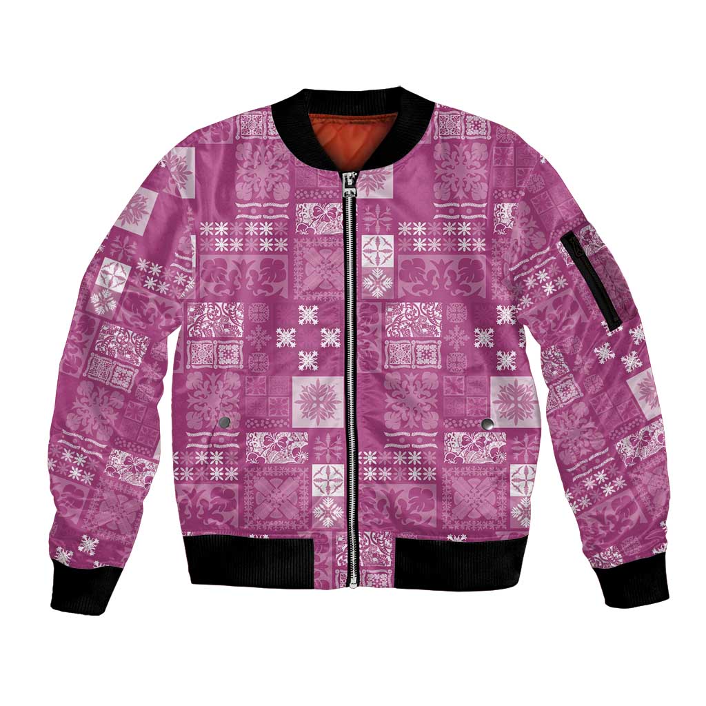 Vintage Hawaiian Quilting Patterns Sleeve Zip Bomber Jacket Pink Style Tribal Fabric Patchwork - Polynesian Pride
