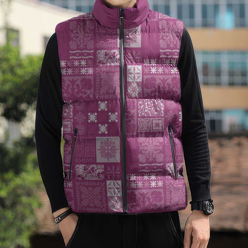 Vintage Hawaiian Quilting Patterns Sleeveless Puffer Jacket Pink Style Tribal Fabric Patchwork - Polynesian Pride