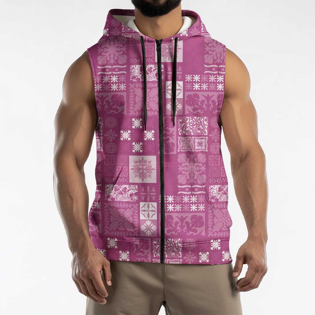 Vintage Hawaiian Quilting Patterns Sleeveless Zip Hoodie Pink Style Tribal Fabric Patchwork - Polynesian Pride
