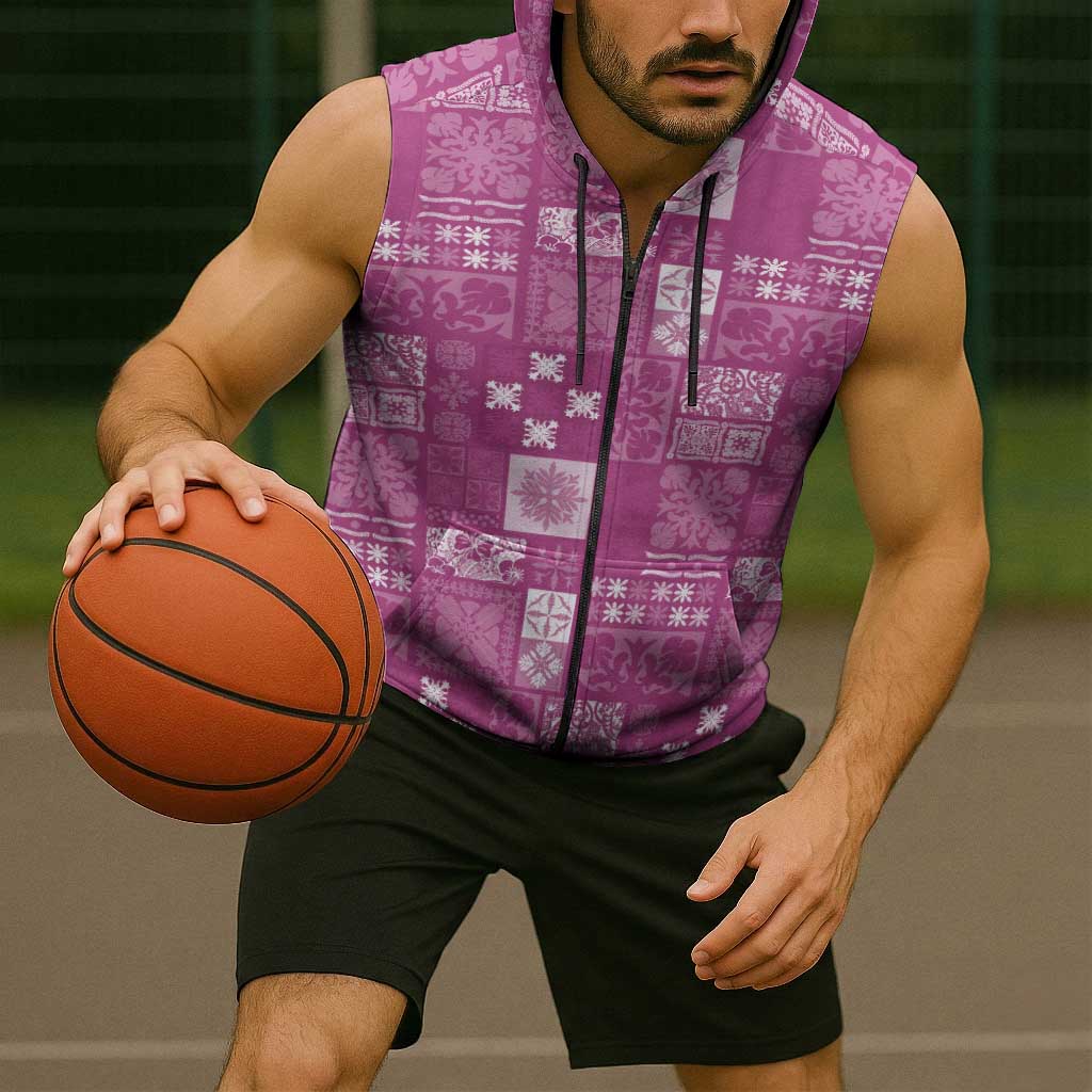 Vintage Hawaiian Quilting Patterns Sleeveless Zip Hoodie Pink Style Tribal Fabric Patchwork - Polynesian Pride