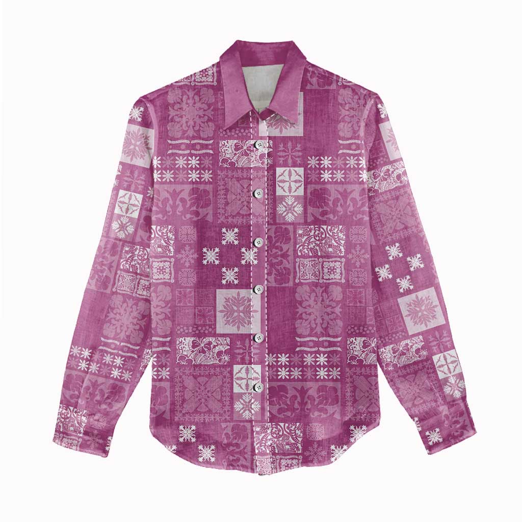Vintage Hawaiian Quilting Patterns Women Casual Shirt Pink Style Tribal Fabric Patchwork - Polynesian Pride
