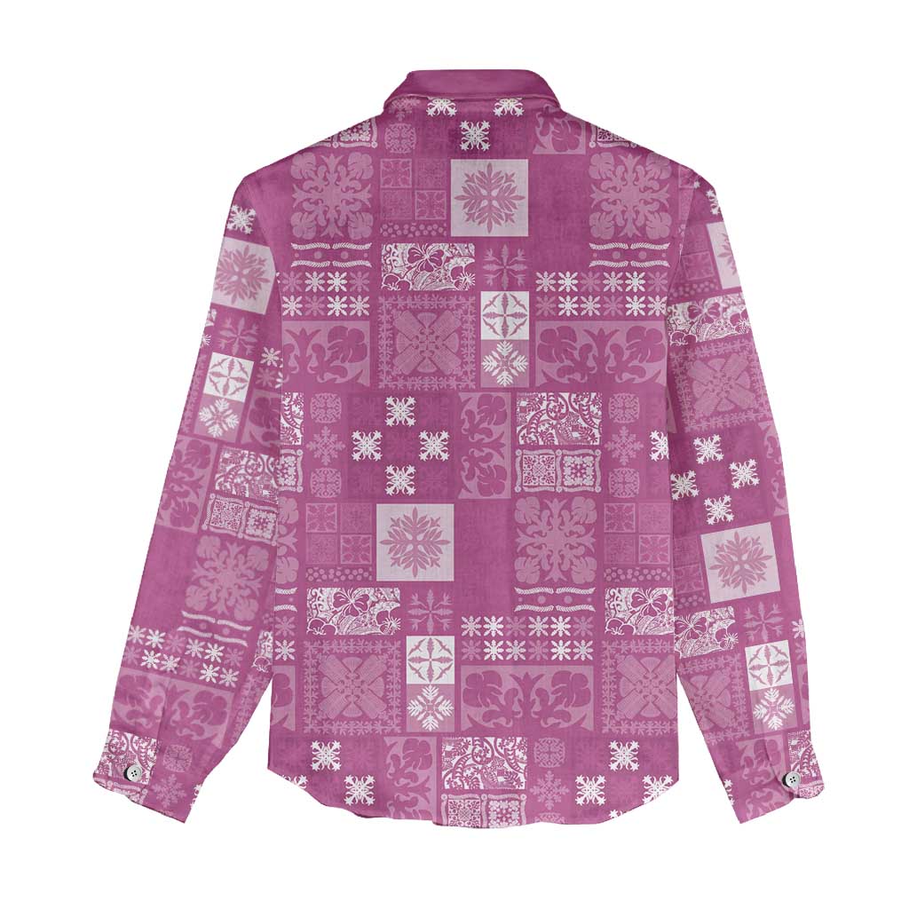 Vintage Hawaiian Quilting Patterns Women Casual Shirt Pink Style Tribal Fabric Patchwork - Polynesian Pride