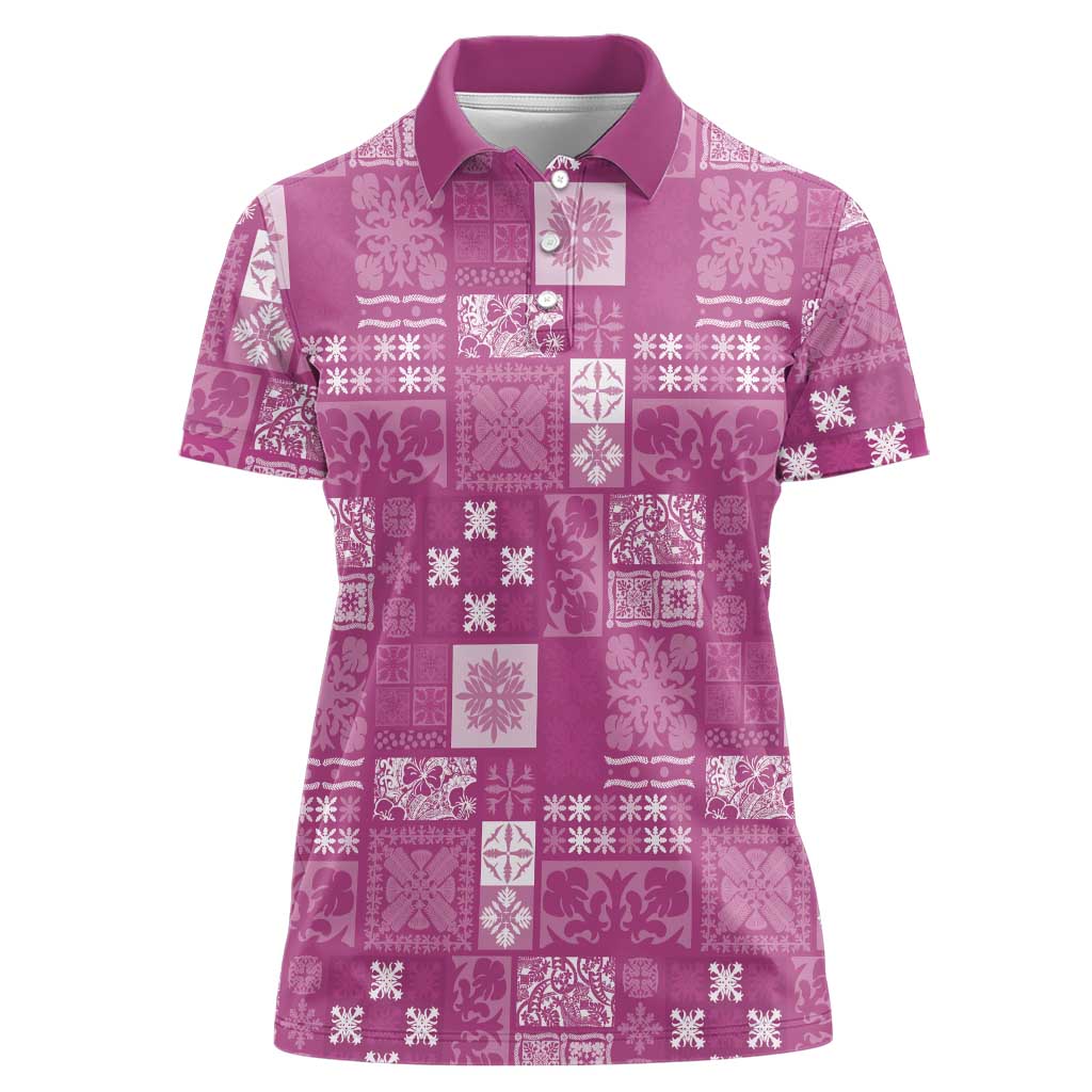 Vintage Hawaiian Quilting Patterns Women Polo Shirt Pink Style Tribal Fabric Patchwork - Polynesian Pride