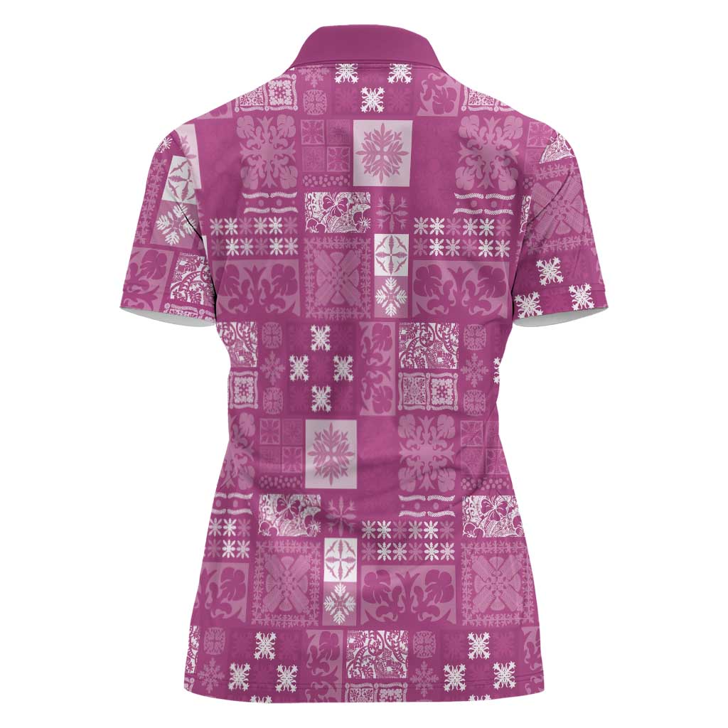 Vintage Hawaiian Quilting Patterns Women Polo Shirt Pink Style Tribal Fabric Patchwork - Polynesian Pride
