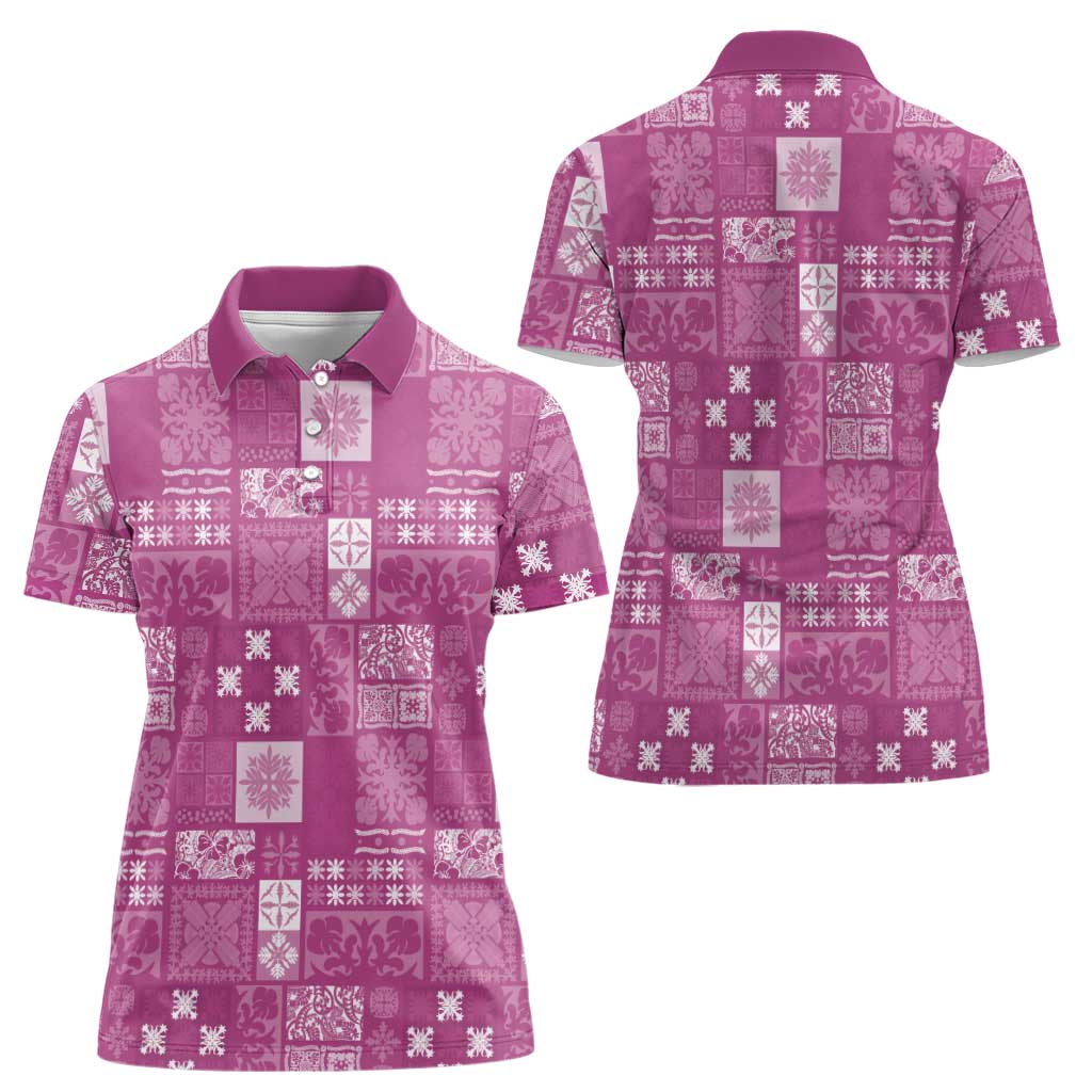 Vintage Hawaiian Quilting Patterns Women Polo Shirt Pink Style Tribal Fabric Patchwork - Polynesian Pride