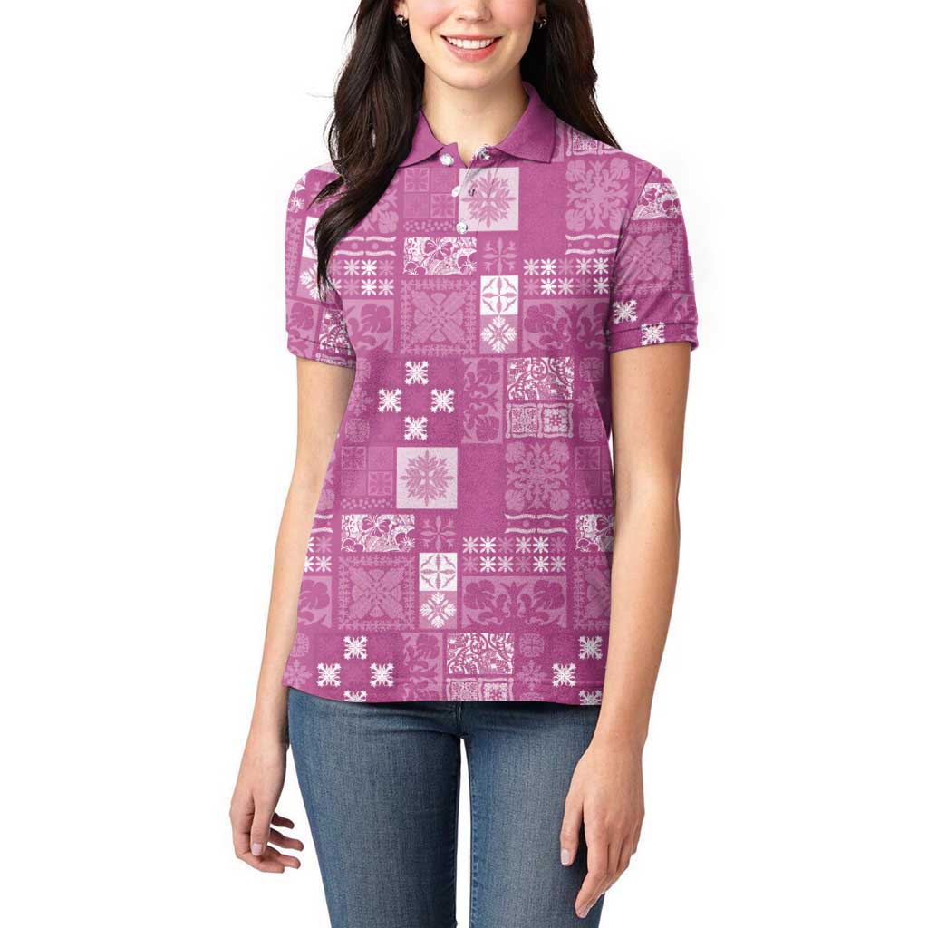 Vintage Hawaiian Quilting Patterns Women Polo Shirt Pink Style Tribal Fabric Patchwork - Polynesian Pride